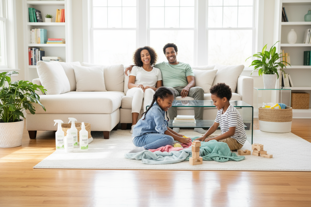 standad house cleaning with happy family 